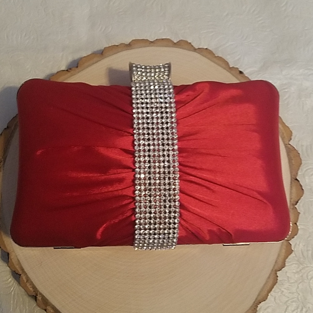 Glamorous Red Satin Clutch with Crystal Detailing